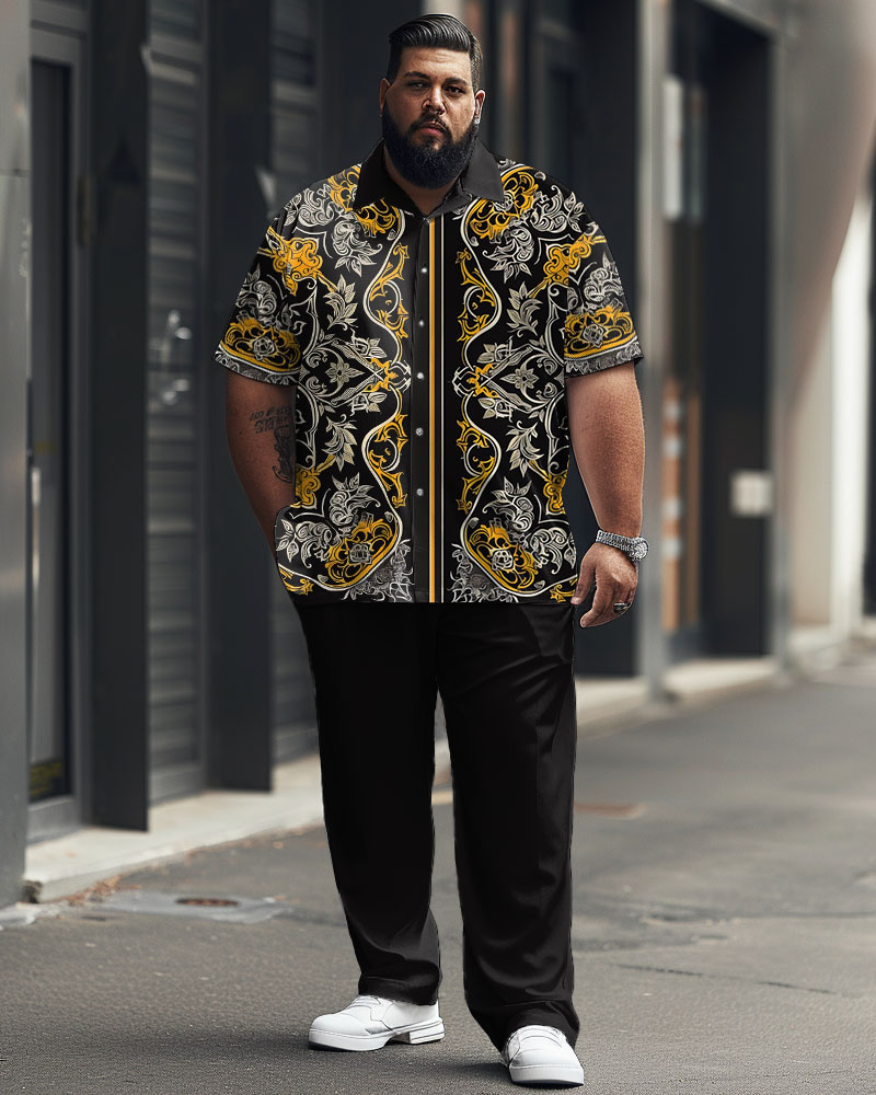 Men's Plus Size Business Simple Geometric Yellow Short Sleeve Shirt Trousers Suit