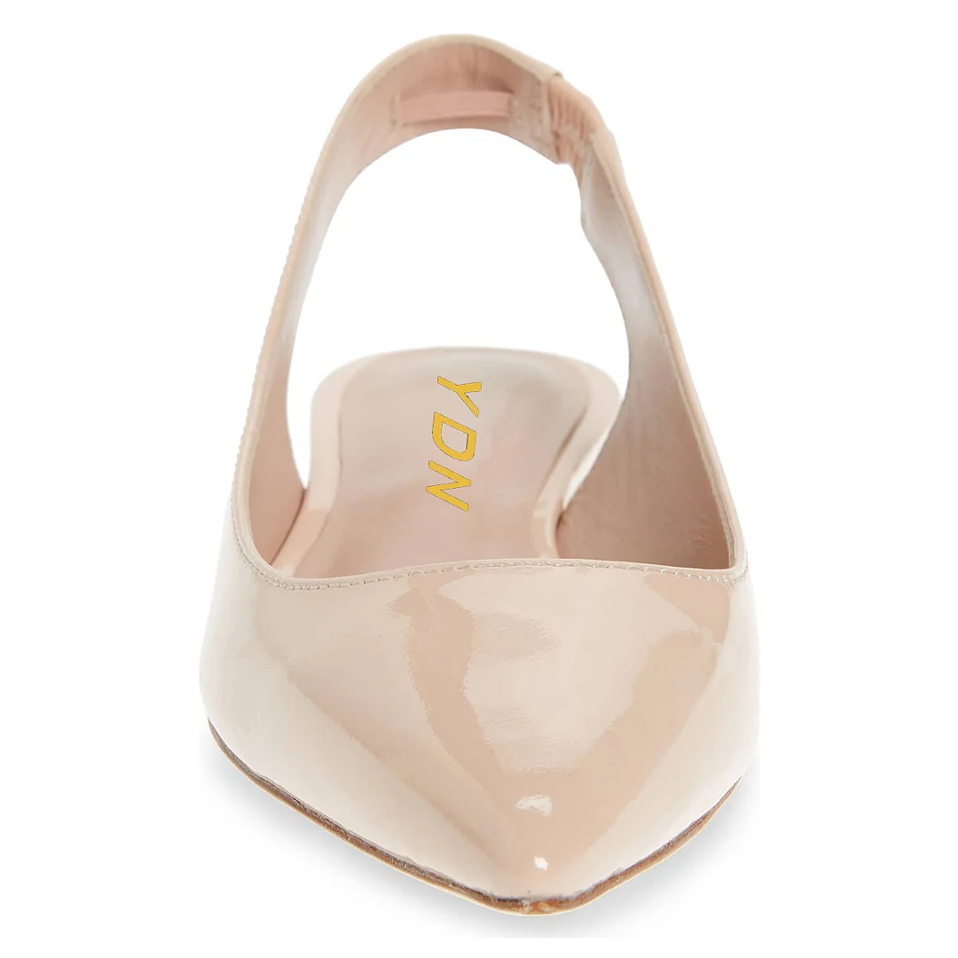 Beige Patent Leather Pointed Toe Slingback Strappy Flat Pumps