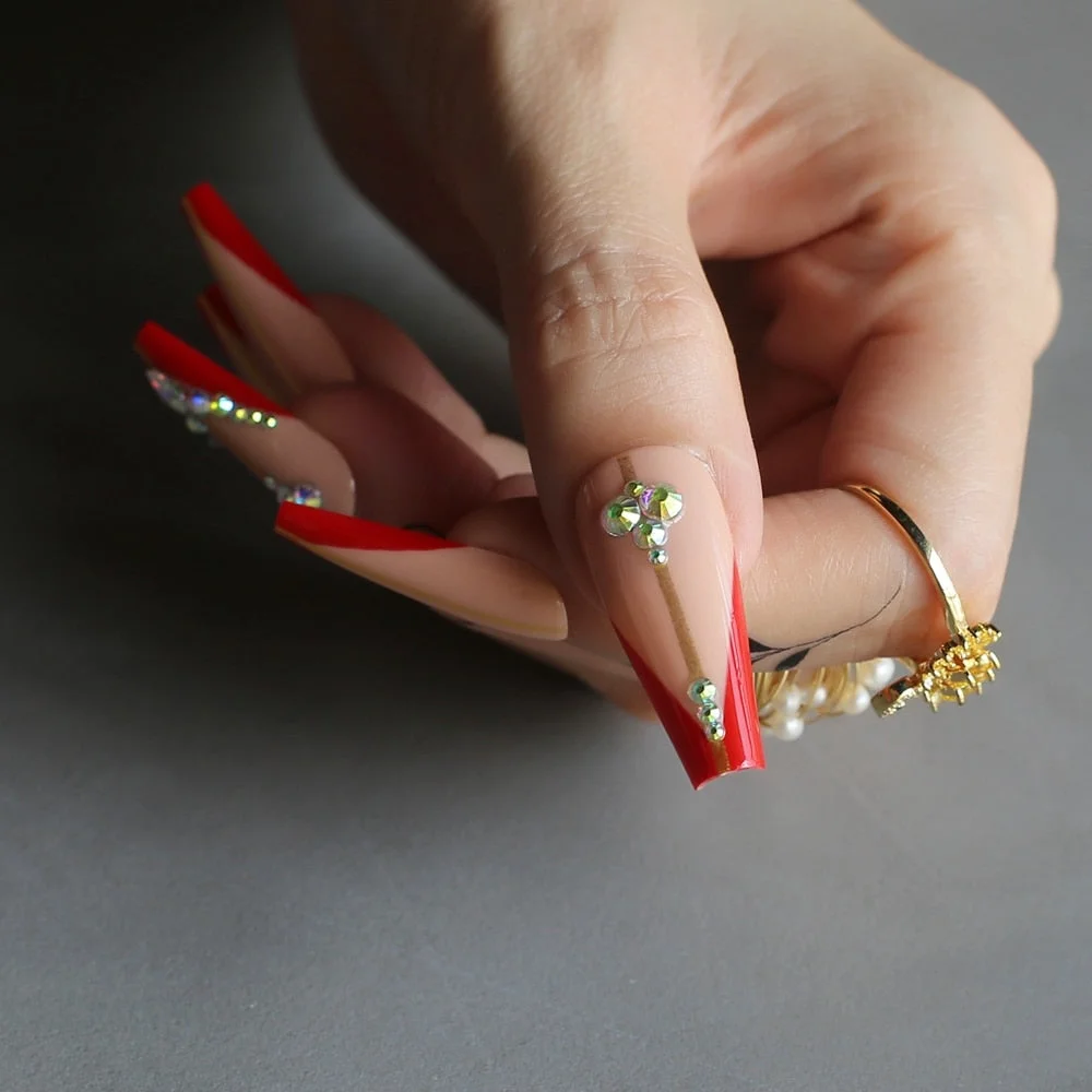Extra Red V French Gel Luxury Shaped Rhinestones Decorated Artificial Fake Nails Nude False nails Jelly Adhesive Tabs with box-Nail Inspo