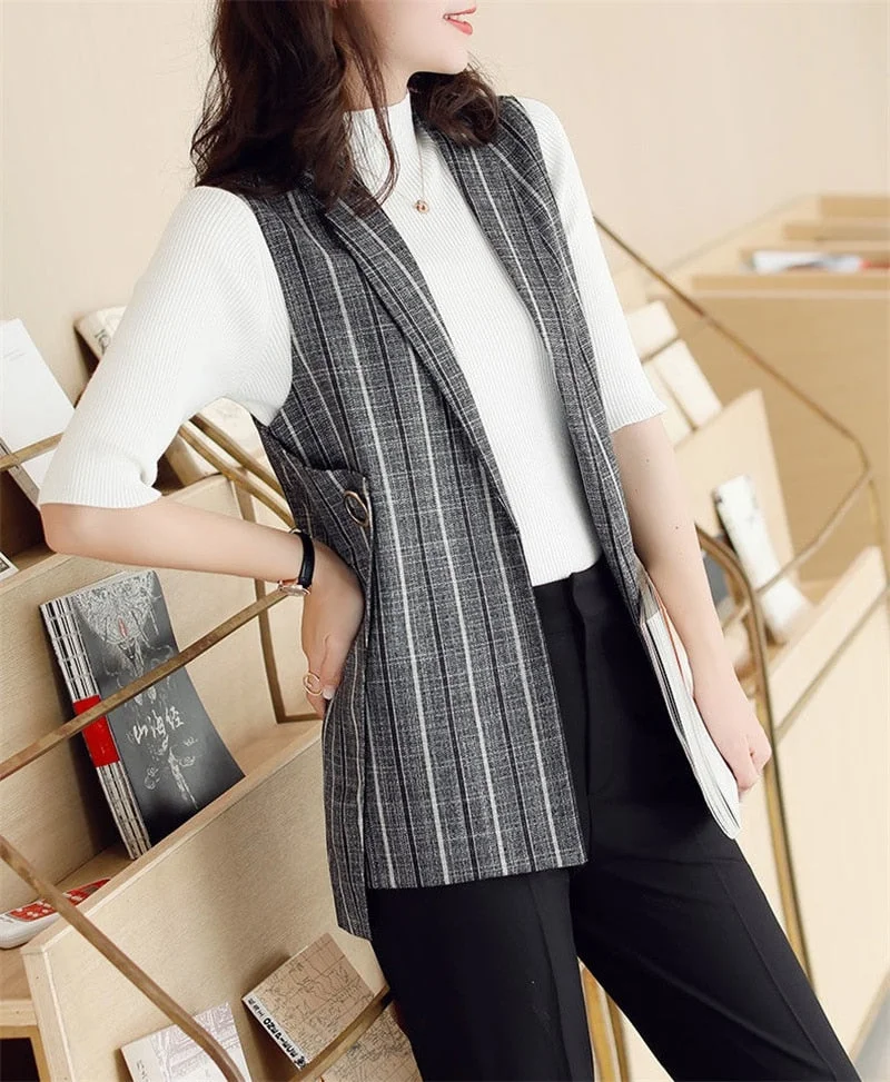 2021 Fashion Women's Jacket Blazer Sleeveless Vest Outerwear Spring Autumn Plaid Waistcoat Casual Tops Plus Size Coats KW489