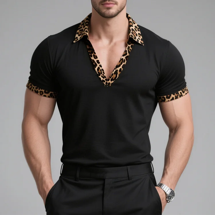 Okaywear Leopard Patchwork Turndown Collar V Neck Short Sleeve Shirt 