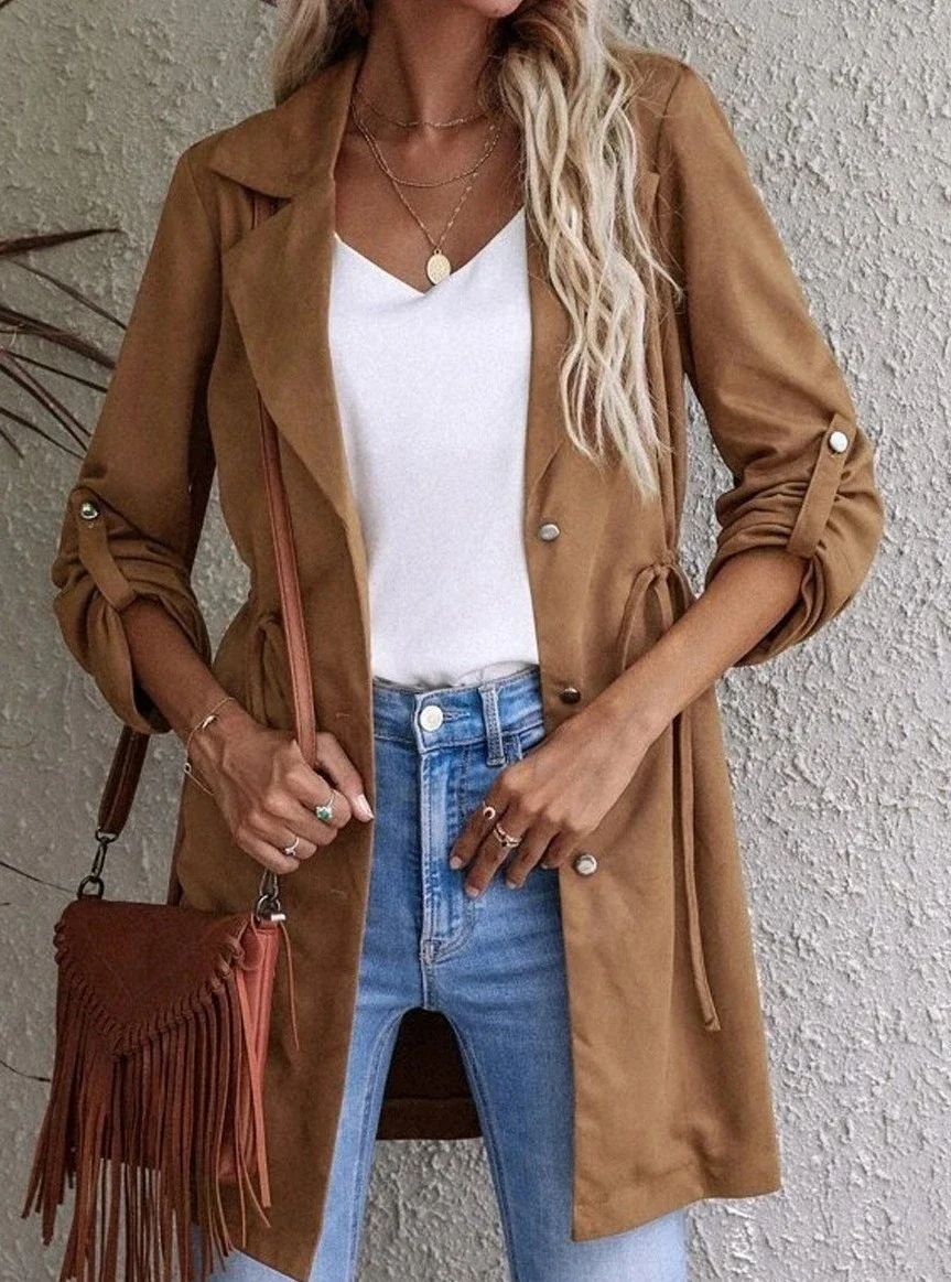 Fall/Winter Solid Color Drawstring Button Lapel Mid-Length Trench Coat | IFYHOME
