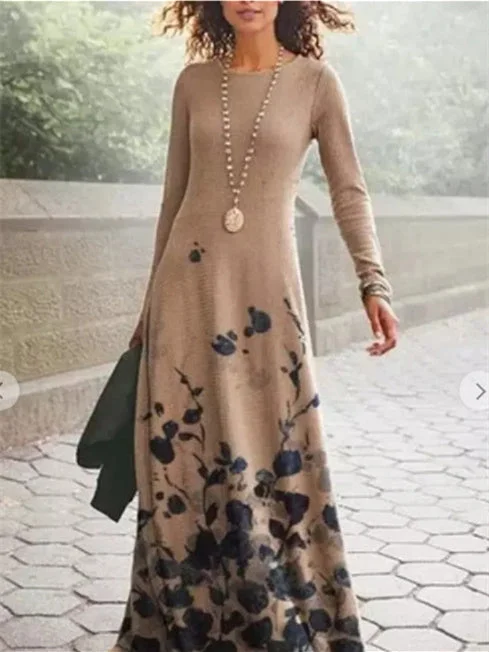 Women's Graphic Ethnic Print Scoop Neck Long Sleeve Midi Dress