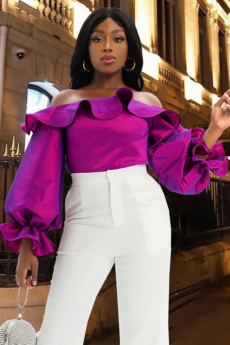 Off Shoulder High Waist Flounce Long Lantern Sleeve Blouses