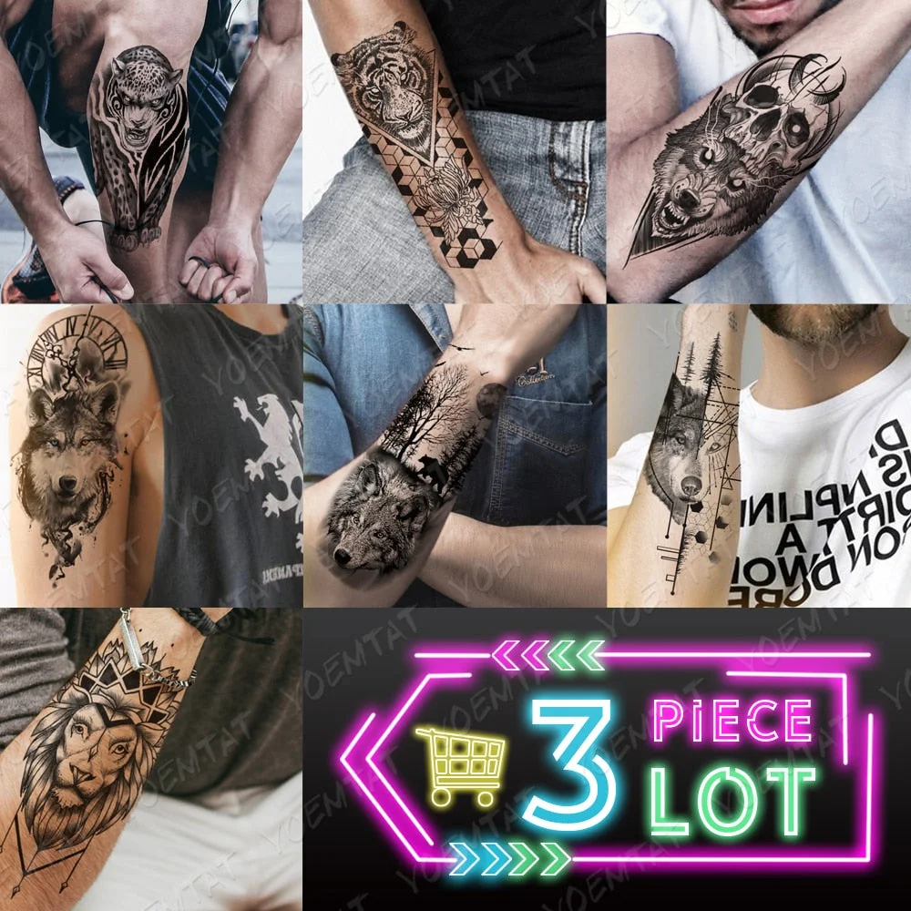 3 pcs/lot Waterproof Temporary Tattoo Sticker Clock Eyes Wolf Flash Tattoos Lion Compass Body Art Arm Fake Tatoo Women Men