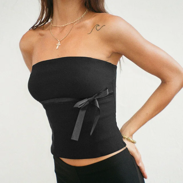 Women 2024 Harajuku Casual Strapless Tank Tops Bowtie Patchwork Skinny Crop Tops Camisole Tee Shirt