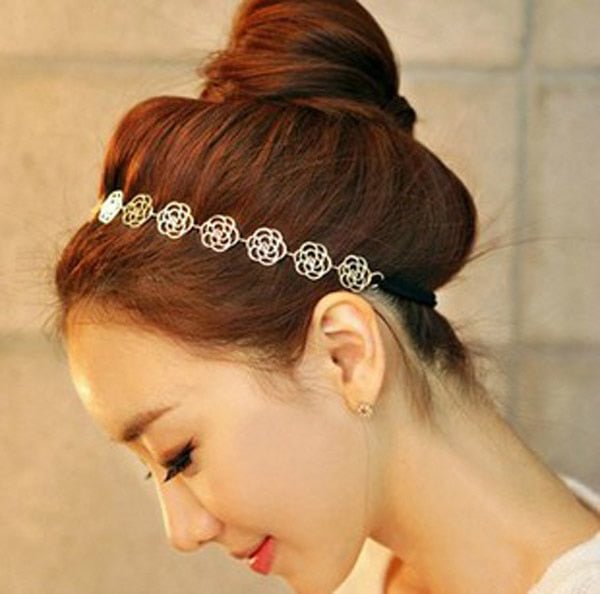Womens Fashion Metal Chain Jewelry Hollow Rose Flower Elastic Hair Band Headband Jewelry Ladies Hair Band Hair Accessories 2021
