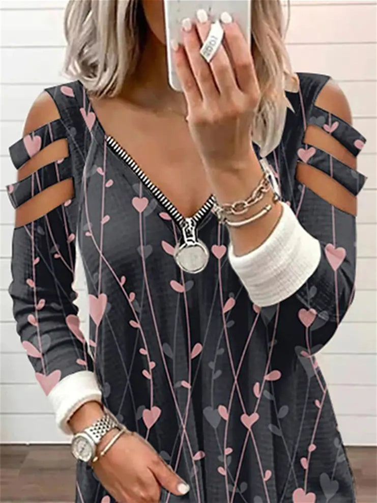 Women Long Sleeve V-neck Cold Shoulder Printed Tops