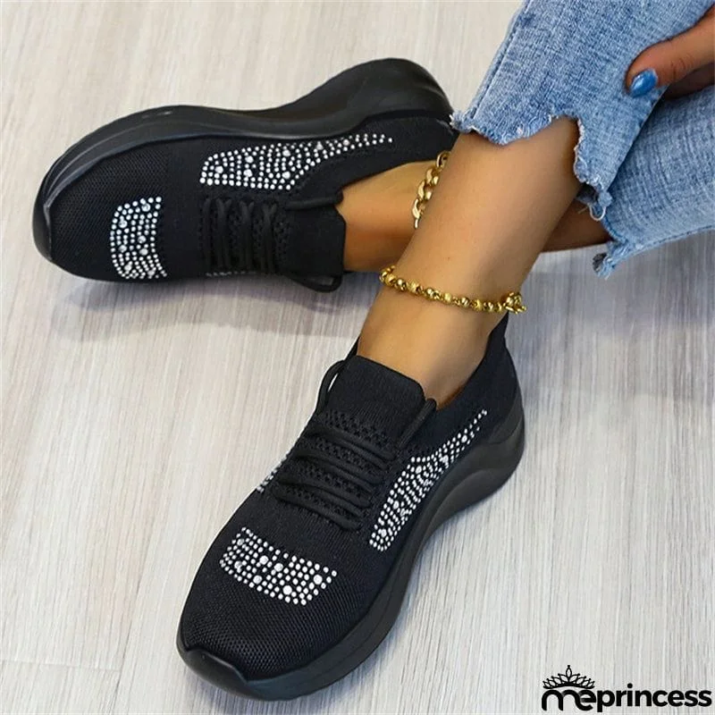 Lady Summer Trendy Solid Color Rhinestone Walking Sneakers