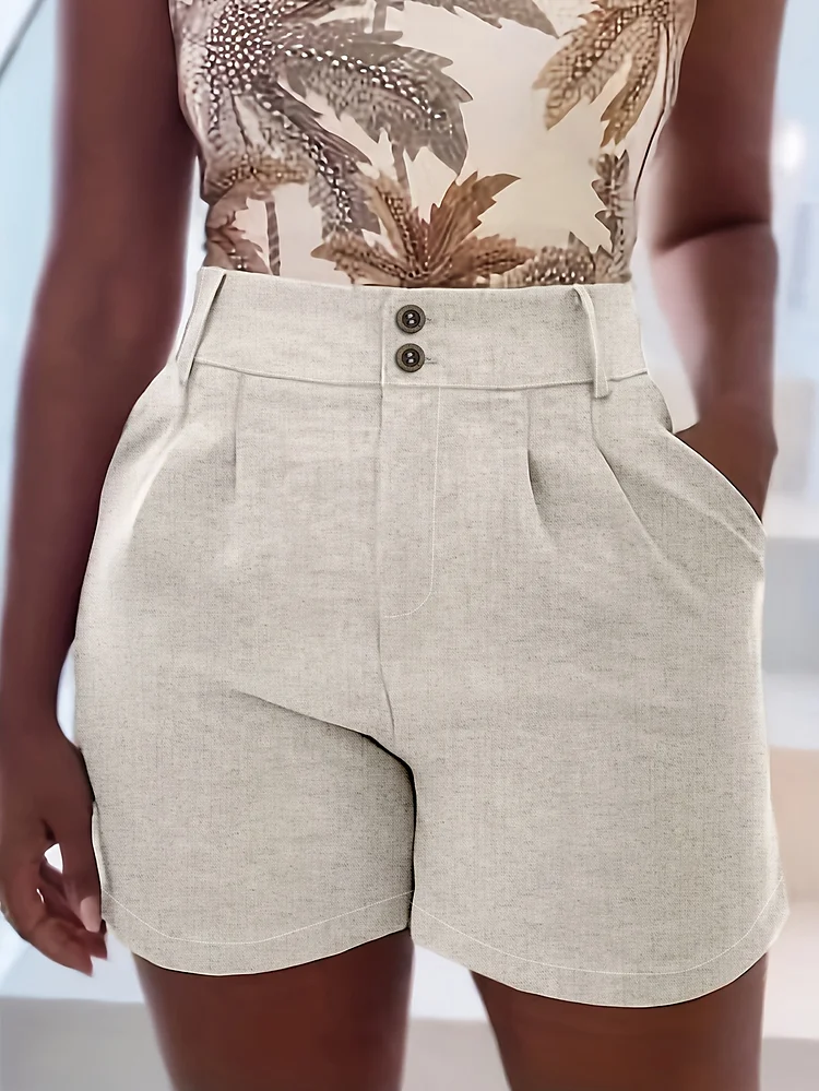 Women's Light Grey Solid Color Casual Button-Front Shorts With Pockets - Non-Stretch Machine-Washable Fabric, All-Season Versatile For Casual Attire & Light Office, Cute Shorts, Summer Apparel, Highwaisted Design, Structured Fit