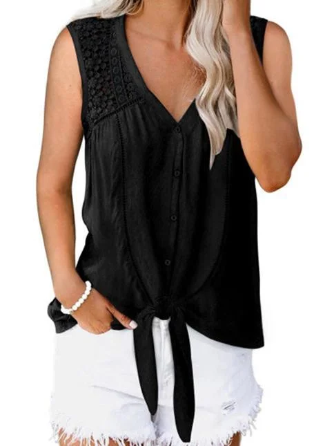 Women's Loose Fashion Sleeveless V-neck Floral Printed  Hollow Lace-up T-shirt