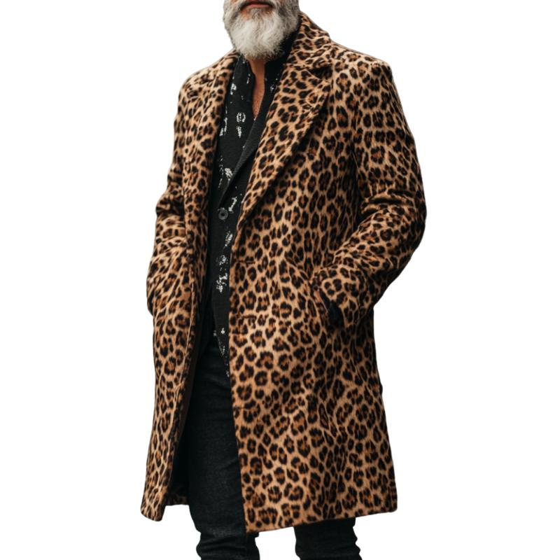 Men's Retro Casual Leopard Print Mid-Length Lapel Coat