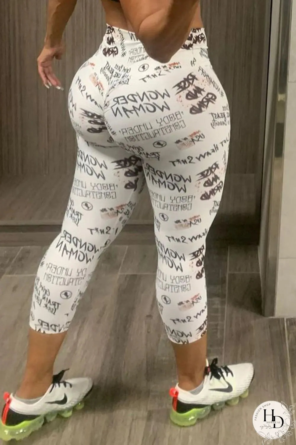 White Casual Print Skinny Mid Waist Bottoms