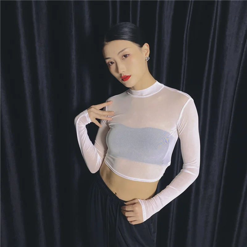 Brownm Brownm Elastic Tight Perspective Sexy Mesh Bottom Shirt Transparent Long Sleeve T-Shirt Women's Lace Shirt