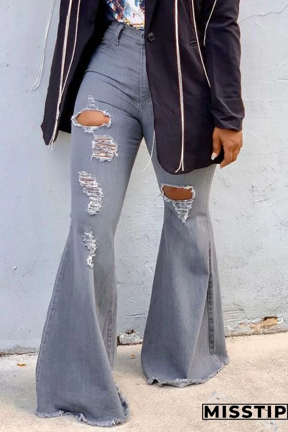 Grey Fashion Casual Solid Ripped High Waist Boot Cut Jeans