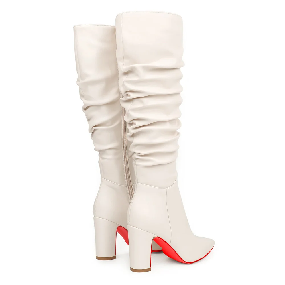 3.35"/8.5cm Women's Knee Red Bottom Boots Chunky Heels Zipper Fashion Sexy Matte Slouchy Boot-MERUMOTE