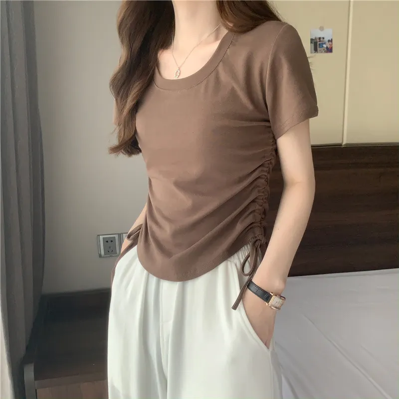 Uveng Uveng Rope Short-Sleeved T-Shirt Women 2024 New Summer Korean Version Design Sense Slim Casual Short Student Jacket Tide