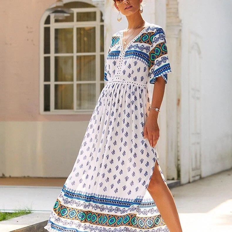 BOHO INSPIRED white floral boho dress for women V-neck short sleeve summer dress cotton casual holiday beach dress new vestidos