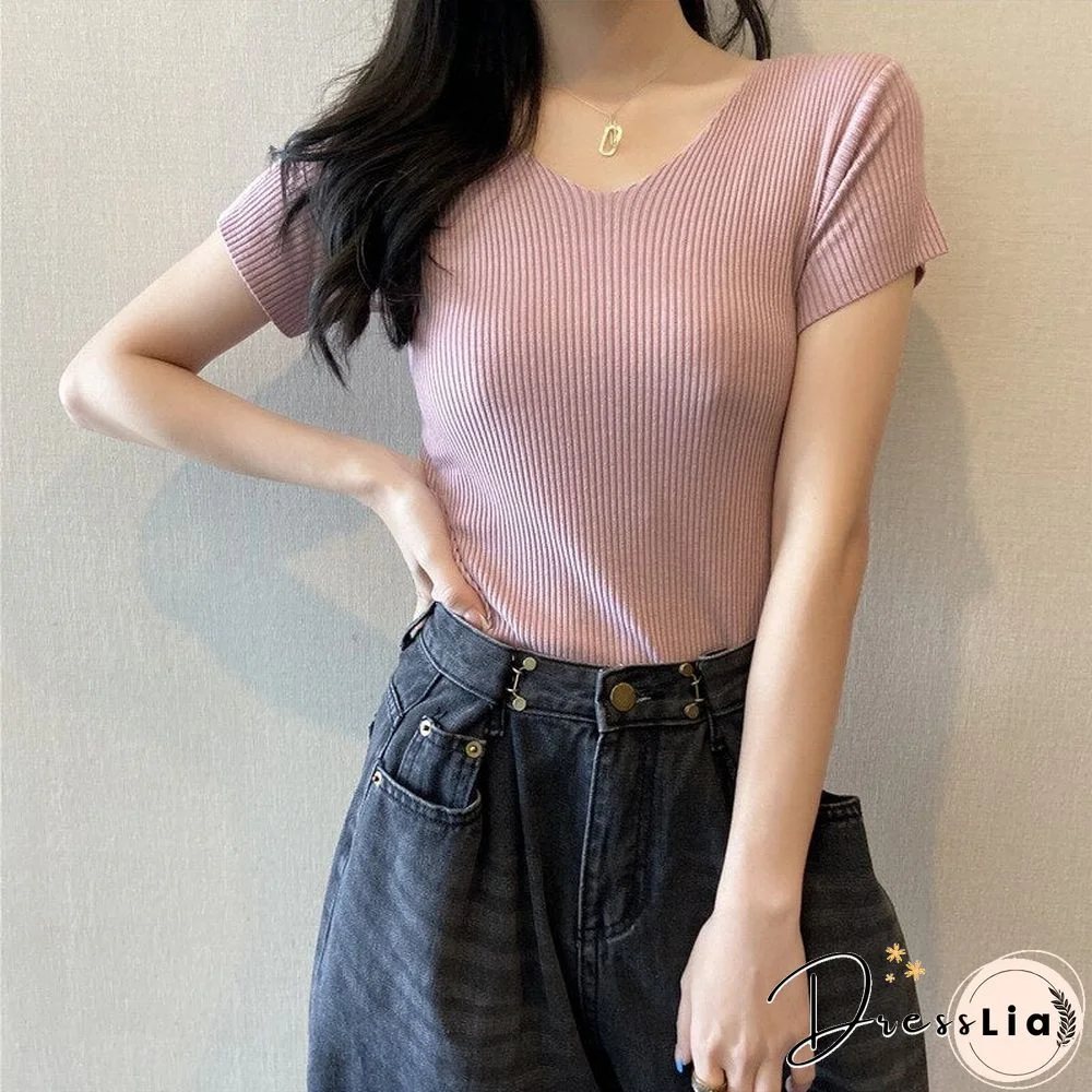 Christmas Gift Summer Short Sleeve Korean Style Sweater V-Neck Knitted Pullover Women Sweaters Basic Thin Tops Pull Femme Jumper