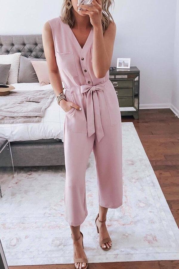 Womens Casual V-Neck Lace Up Jumpsuit-Allyzone-Allyzone