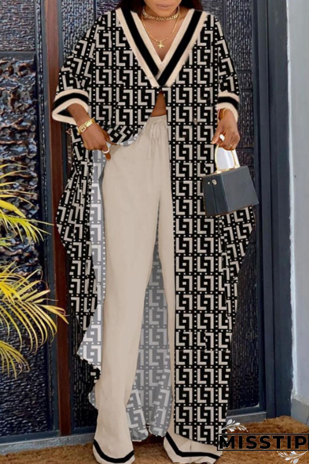 Orange Casual Print Patchwork V Neck Long Sleeve Two Pieces