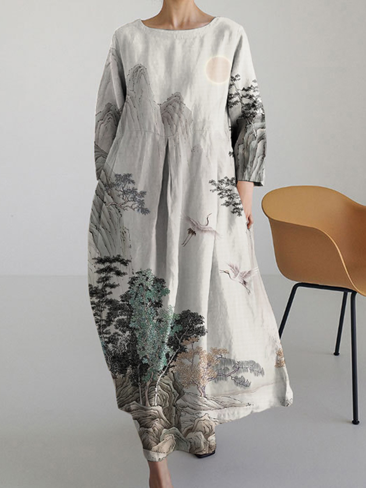 Japanese Landscape Painting Round Neck Long Sleeve Midi Dress