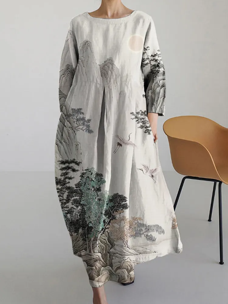Japanese Landscape Painting Round Neck Long Sleeve Midi Dress