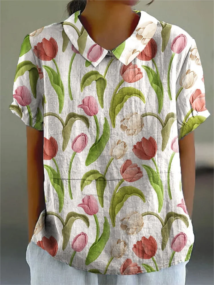 Women's Flower Print Casual Cotton And Linen Shirt