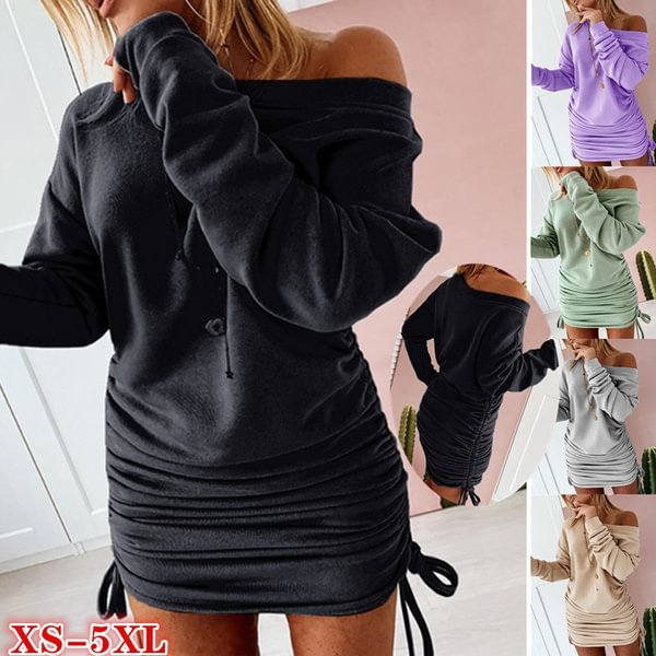 Women Fashion Off Shoulder Ruched Drawstring Bodycon Mini Sweatshirt Dresses Casual Solid Color Long Sleeve Pullover Sweatshirt Tops Plus Size S-5XL
