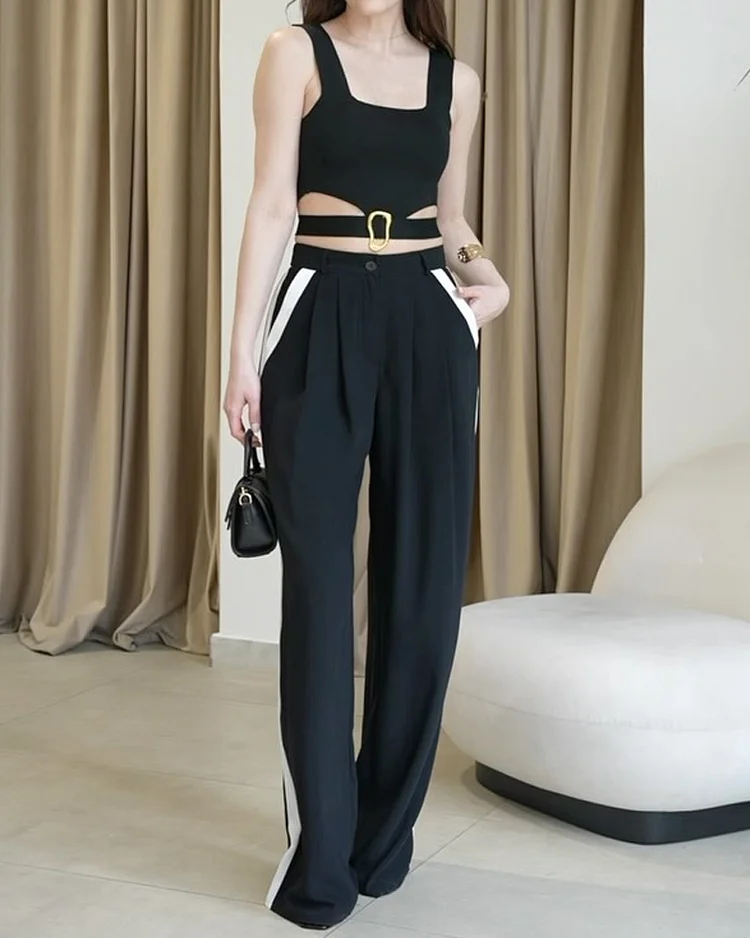 Sleeveless hollow solid color two-piece set