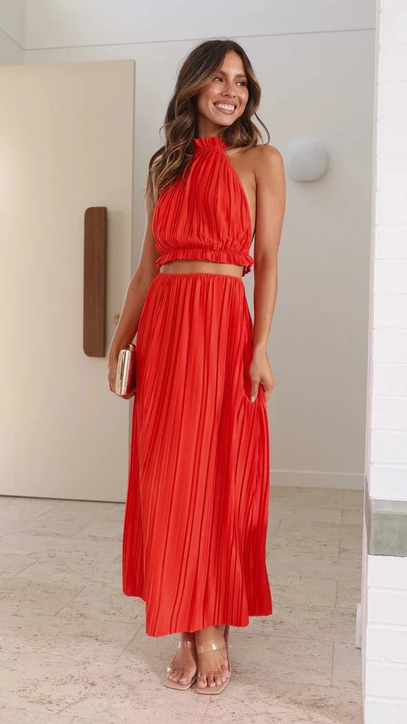 Brownm Brownm Years Of Fashion New Hot Girls New Neck Hanging Back Sexy Lace-Up Suit Pleated Dress 23046