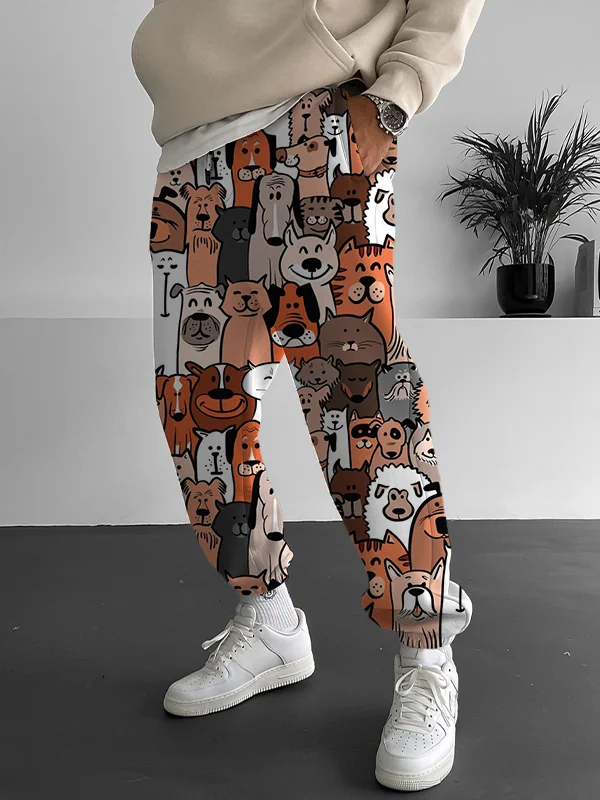 Men's Cat And Dog Fun Splicing Art Print Casual Sweatpants