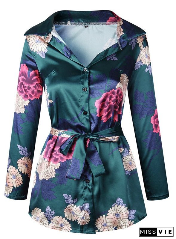 Floral Print Notched Dress Women Summer Long Sleeve Sexy Split