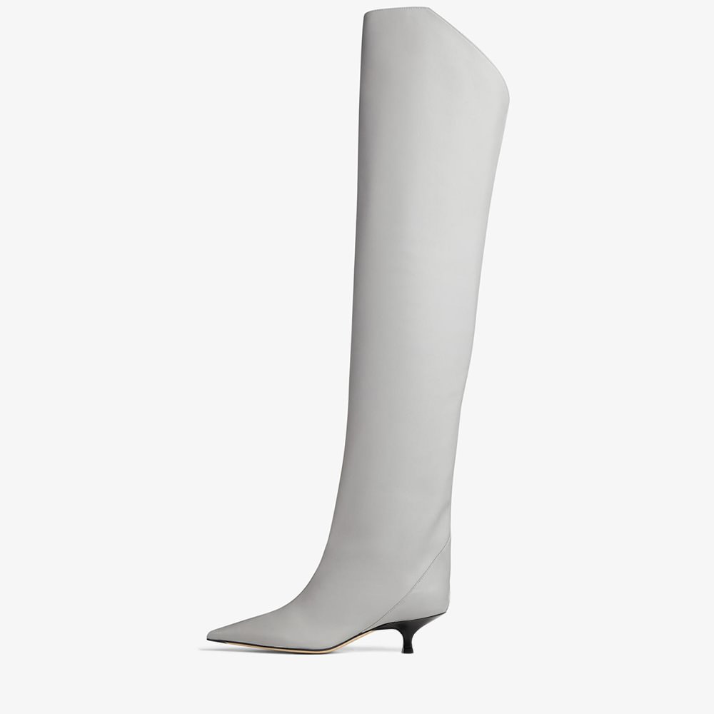 Gray Leather Knee High Boots Pointed Toe Kitten Heel Boots Nicepairs