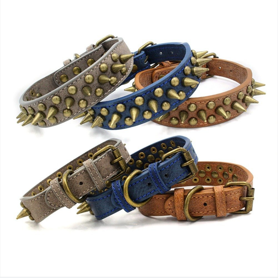 Pet Studded Dog Collar Products Rivet Spiked Studded Genuine Leather Dog Collar for Small Medium Large Dog