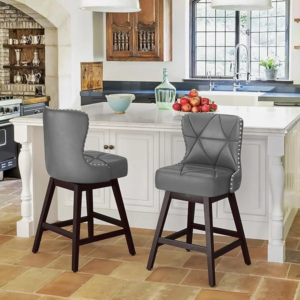 Counter Height Bar Stools Set of 4, 26" H Swivel Bar Stool with Back, Faux Leather Counter Stool, Solid Wood Legs, Retro Upholstered Barstools for Kitchen Island, Home Bar, Pub, Dark Gray 26 Inch Dark Gray 4