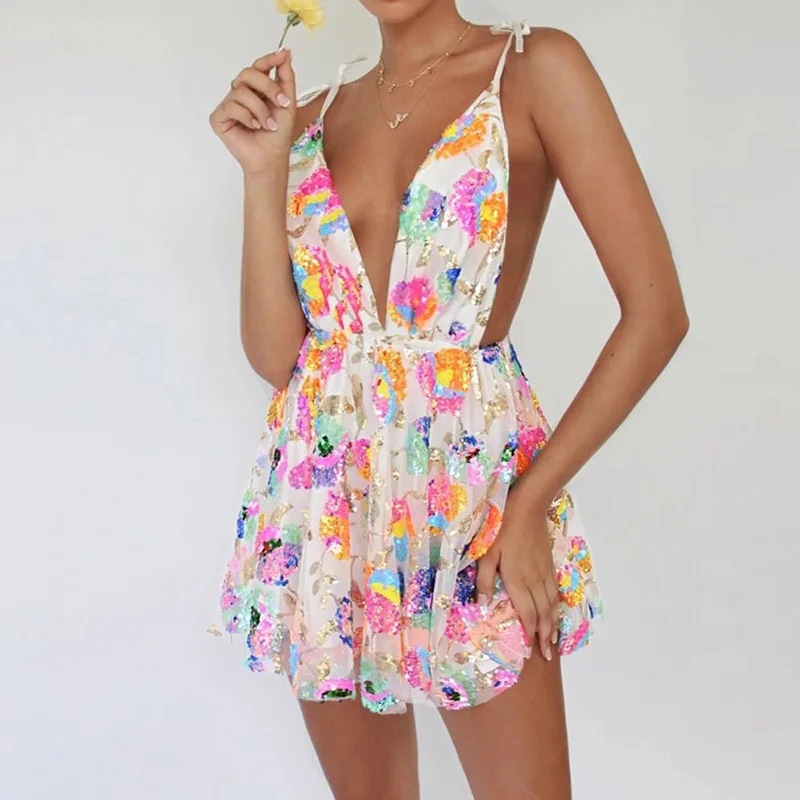 Sexy Women's Deep V Sequin Printed Party Dress Summer Fashion Backless Lace Up Mini Dress