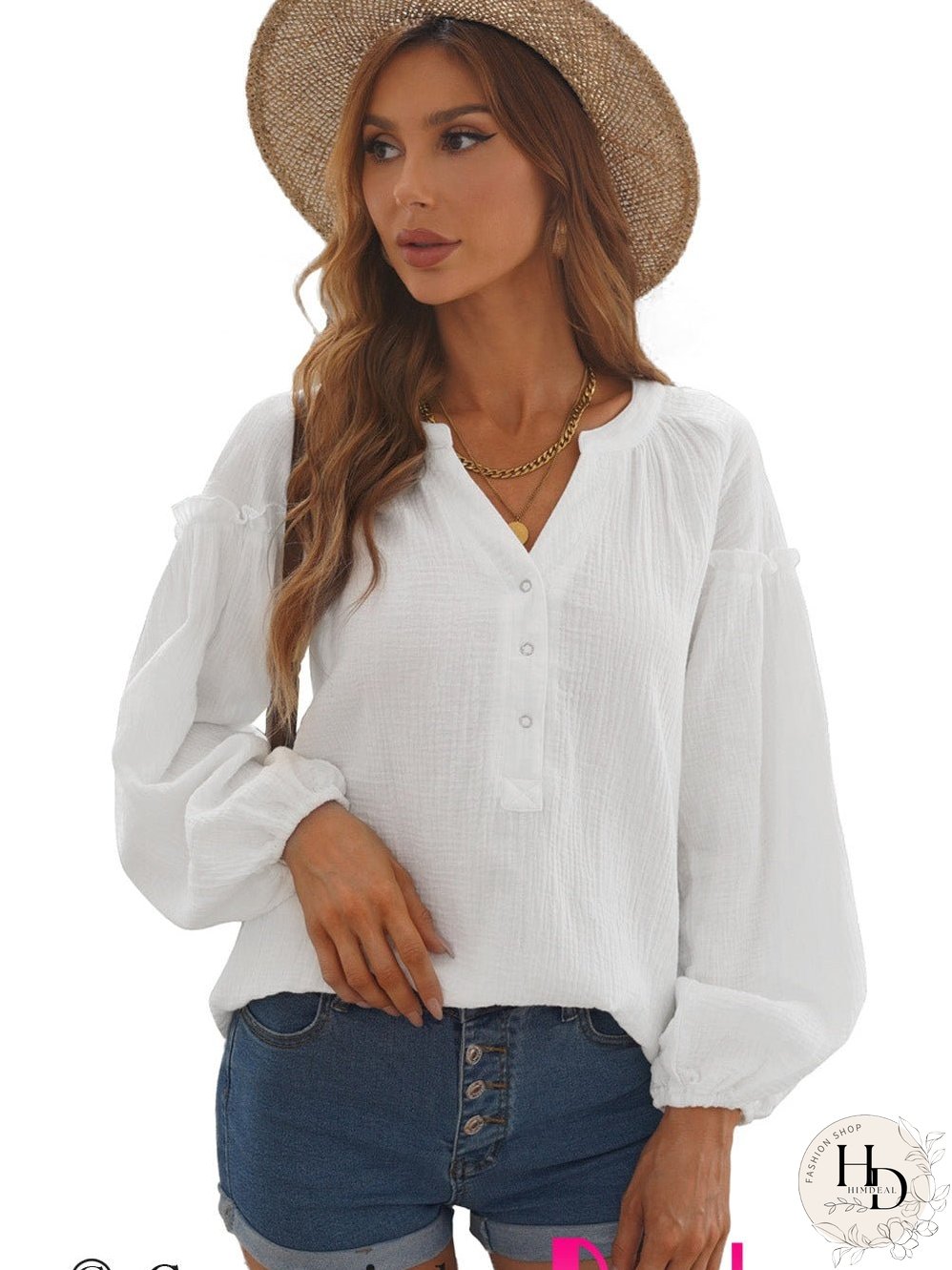 White Crinkled Casual Top with Balloon Sleeves