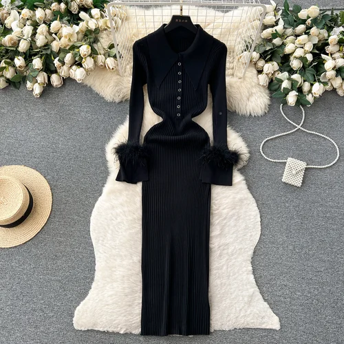 Elegant Turn-down Collar Feather Long Sleeve Knit Bodycon Pencil Slim Fashion Sweater Dress