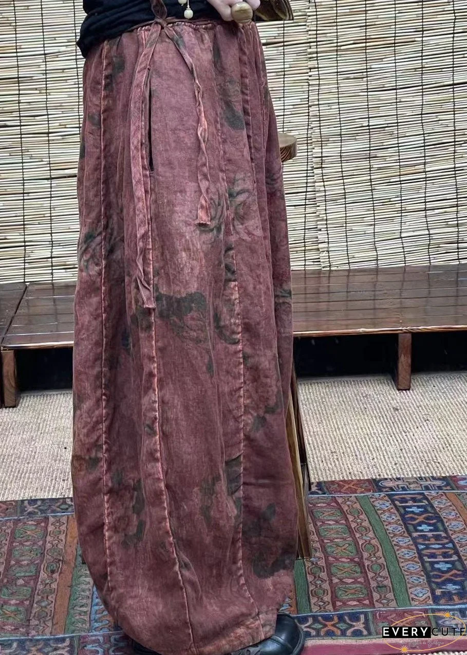 Diy Brick Red Pockets Print Patchwork Linen Lantern Pants Summer