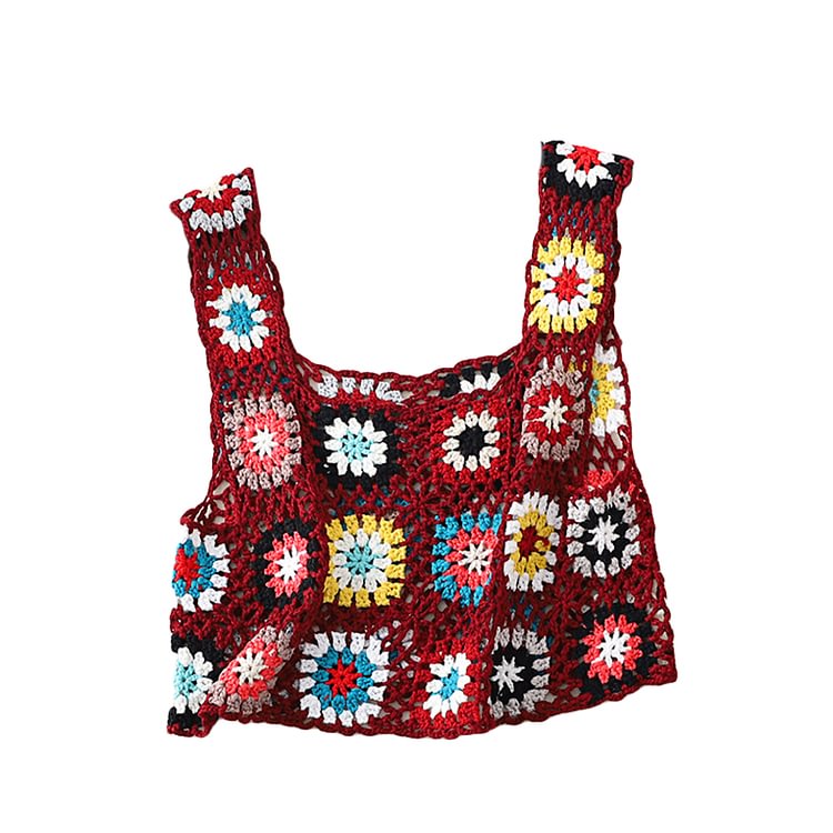 Y2K Vintage Womens Summer Sleeveless Bohemia Tops Colorful Camisol Hand Crochet Embroidery Openwork Knit Tank Tops Beachwear