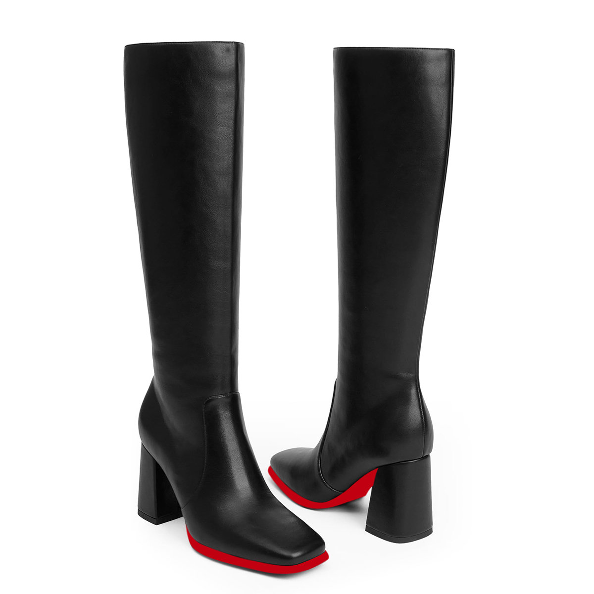 95mm Women's Knee Boots Red Bottom Block Chunky Heels Zipper Fashion Sexy Daily Matte Boot-MERUMOTE