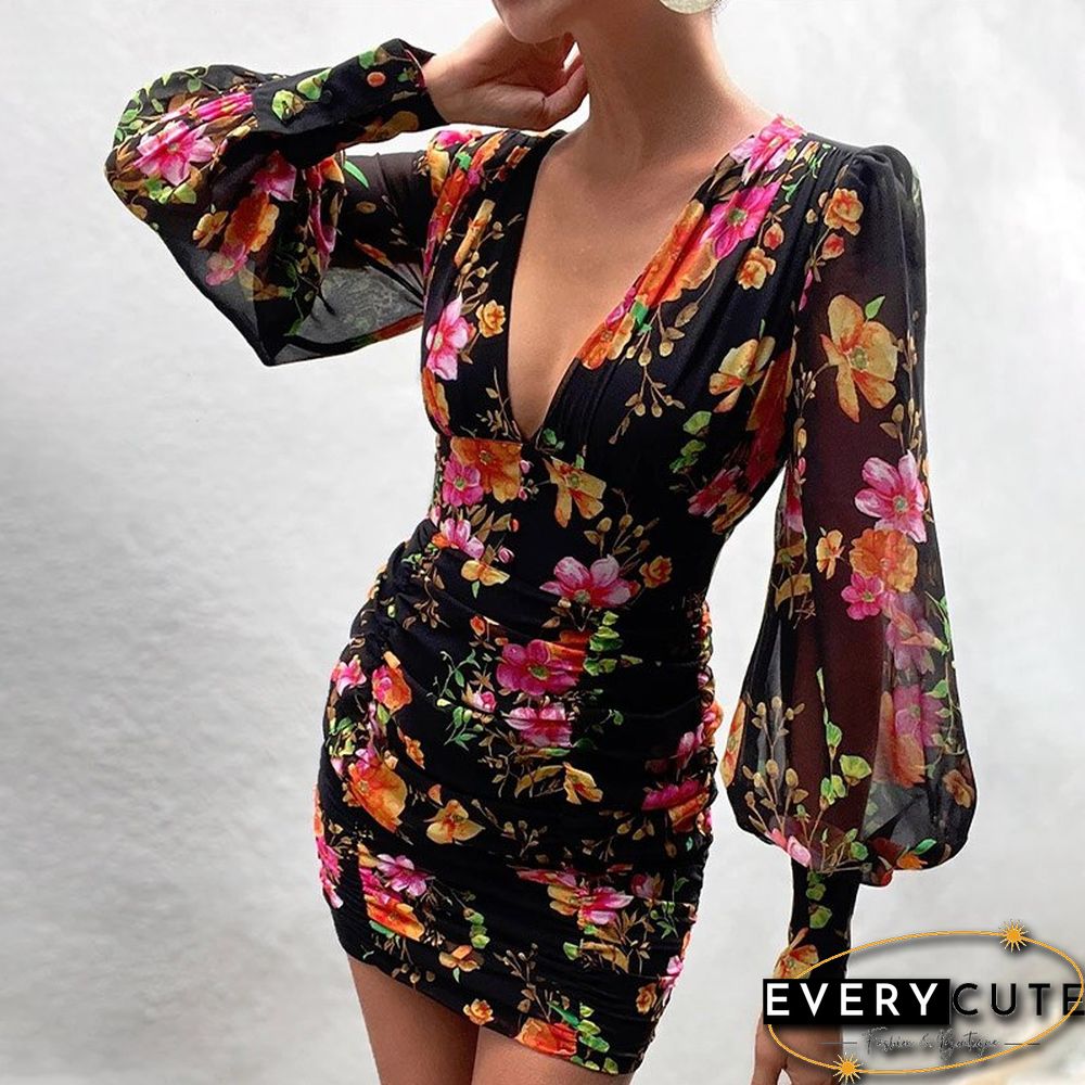 Women Sexy Deep V Neck Floral Print Long Lantern Sleeve Ruched Dress Summer Elegant Female Bodycon Party Dress Vestido