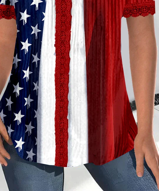 Women Short Sleeve V-neck National Flag Printed Printed Graphic Lace Tops