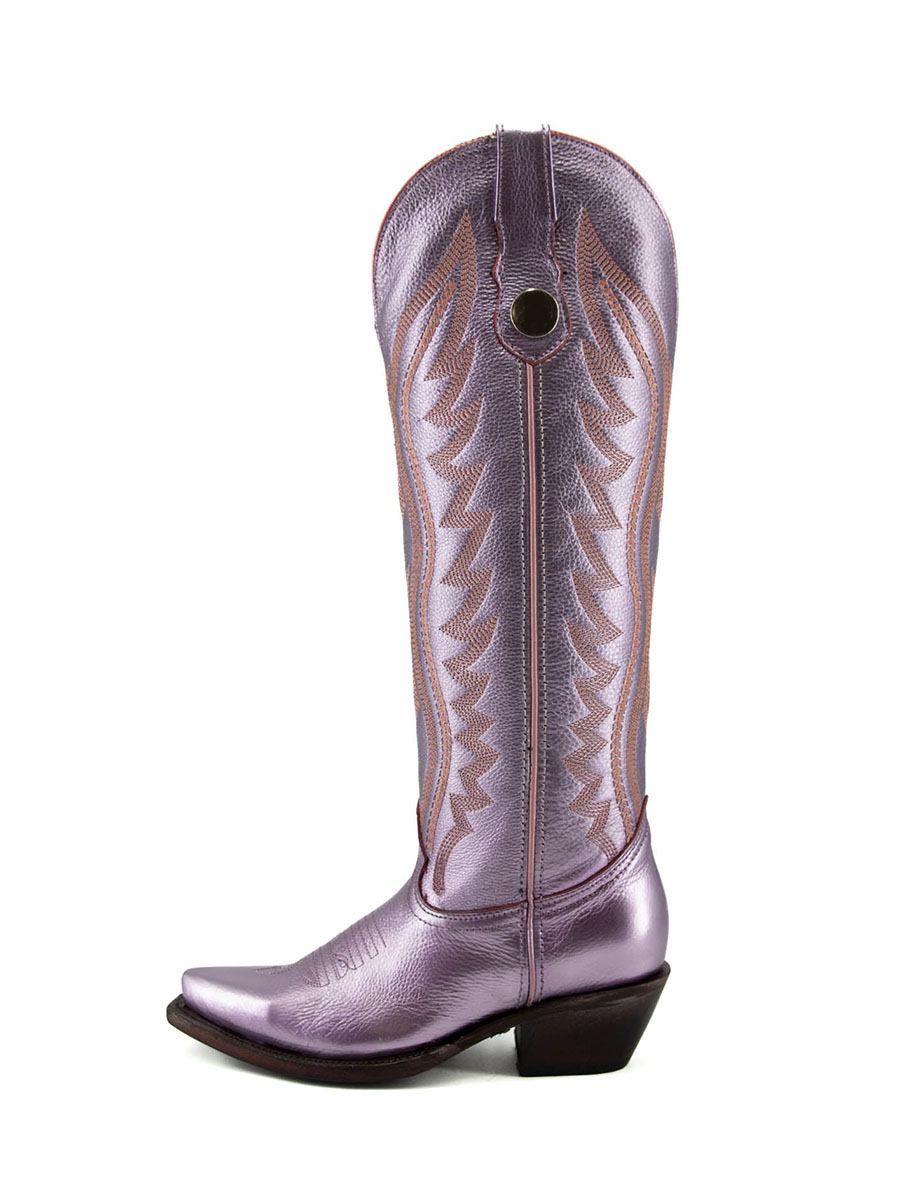 Purple Shiny Snip Toe Embroidered Wide Calf Knee High Cowgirl Boots With Chunky Heels