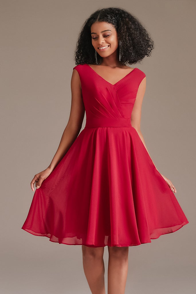 Oknass Red Modern V-Neck Junior Cheap Bridesmaid Dresses