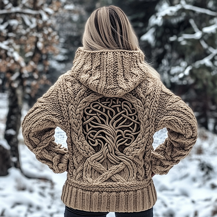 VChics Women's Viking Tribal Runes Life Of Tree Chunky Knit Hooded Sweater