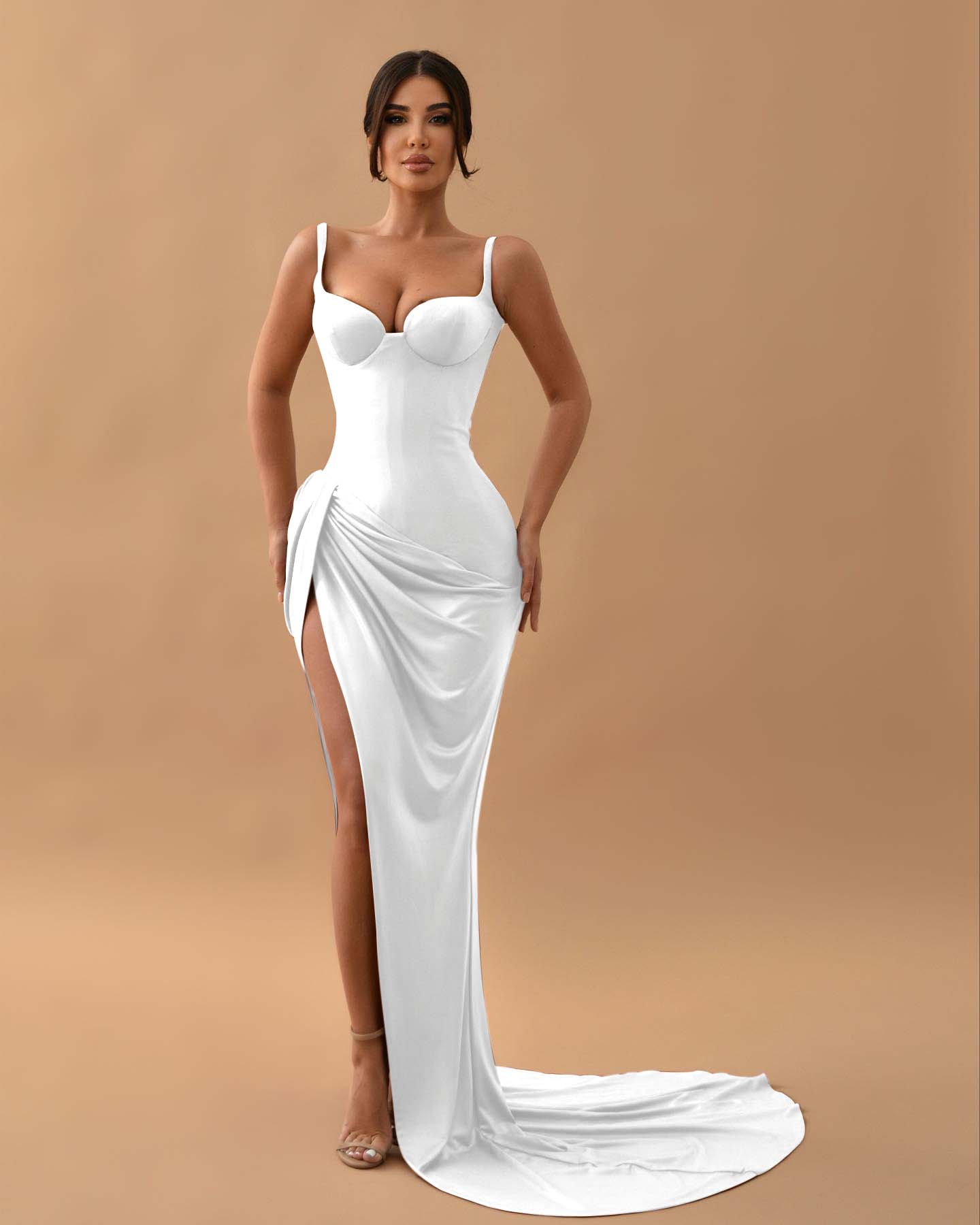 Lisliy Chocolate Spaghetti Straps Sleeveless Split Party Prom Dress 