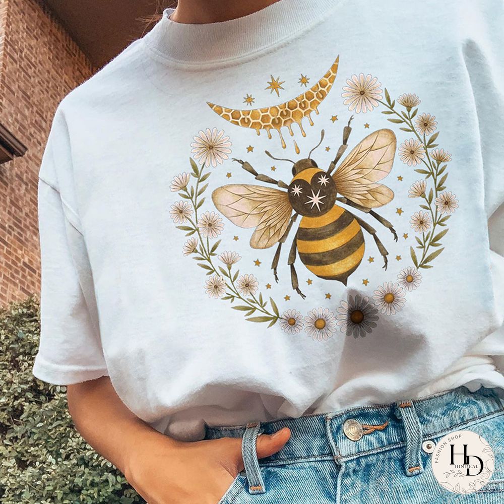 Vintage Round Neck Short-Sleeved Bee Flower Print Tee