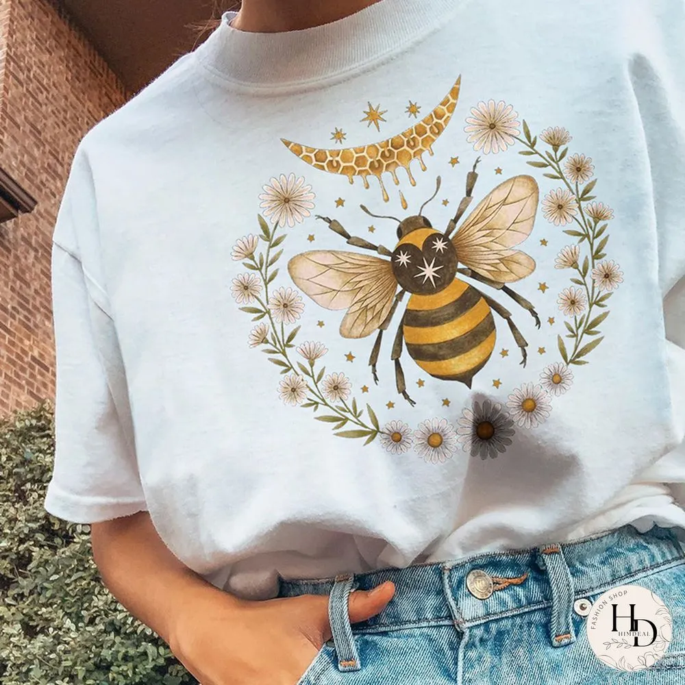 Vintage Round Neck Short-Sleeved Bee Flower Print Tee